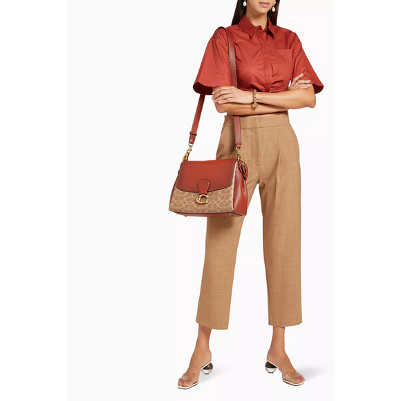 Coach Signature Coated Canvas May Small Flap Shoulder Handbag Tan Rust - Picture 3 of 13